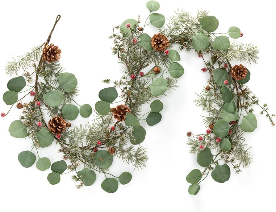LOHASBEE Artificial Christmas Garland, 5 Feet Pine Cone Eucalyptus Garland with Snow, Red Berries... | Amazon (US)