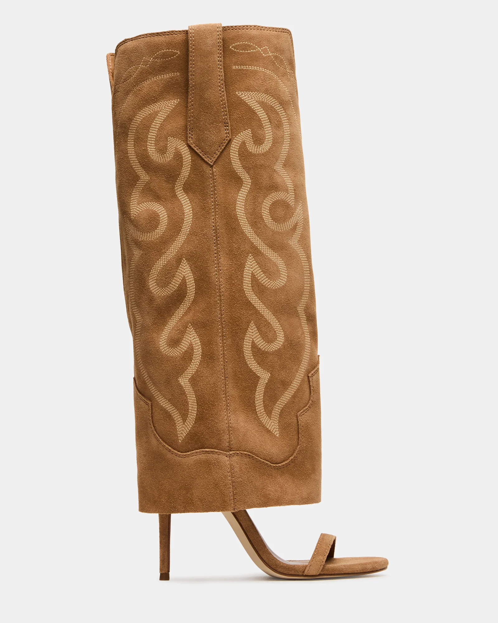 RAVINE Western Tan Suede Knee-High Cuffed Stiletto Heel Women's Boot | Steve Madden (US)