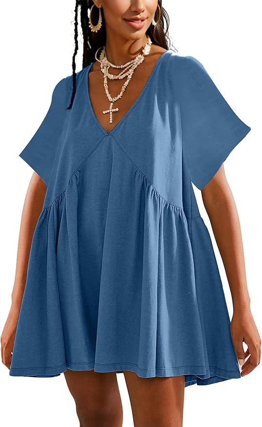 Women Summer Short Sleeve Mini Dress Casual Loose V Neck Flowy Sundress Vacation Tshirt Sun Dress... | Amazon (US)