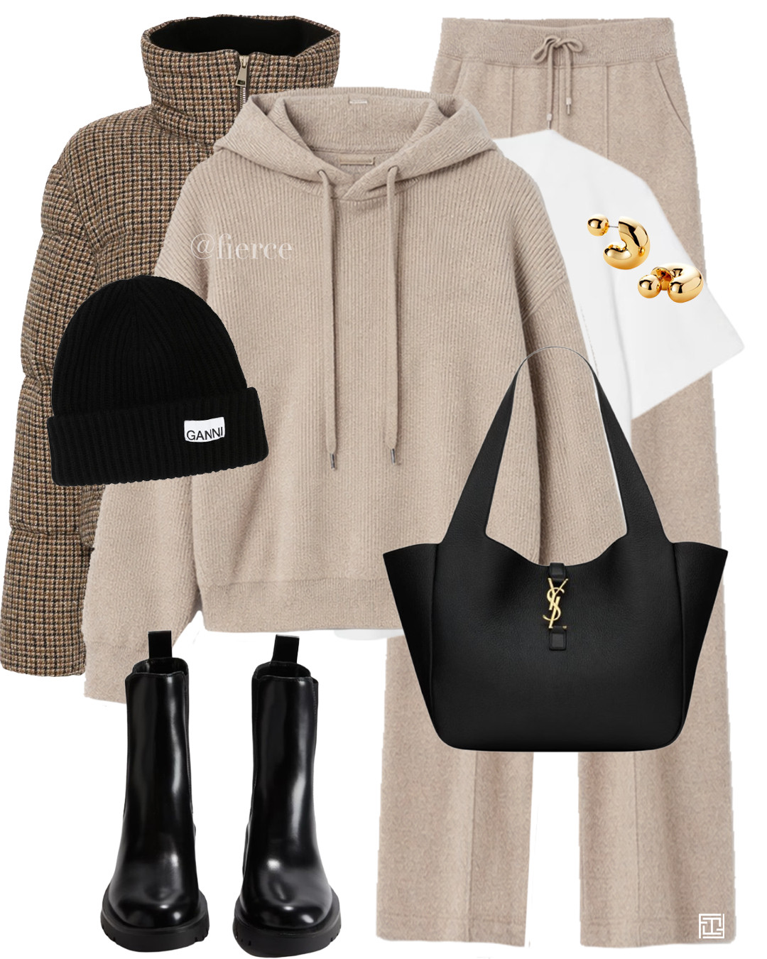 cashmere knitted beige loungewear co-ord set knitted pants black tote bag black flat ankle boots houndstooth puffer jacket 

 #LTKuk #LTKwinter #LTKeurope