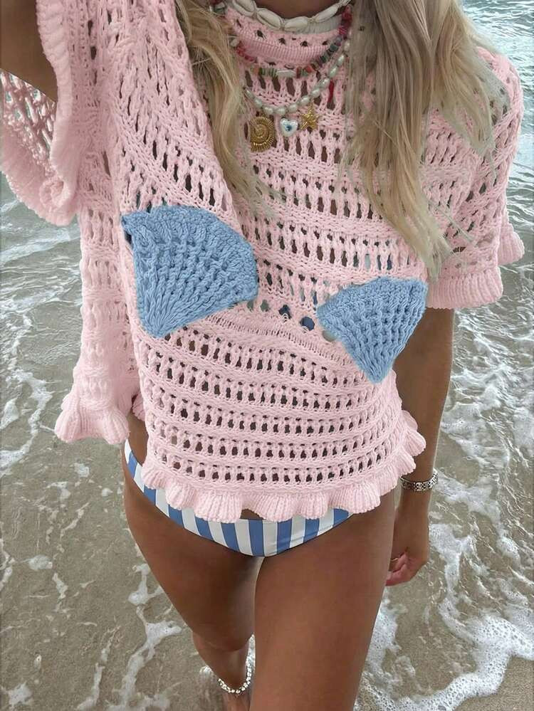 Live To Mo Women's Hollow Out Knitted Beach Cover Up With Lovely Shell Decor, Elegant Ocean Elements Design, Perfect For Summer Vacation And Valentine's Day | SHEIN