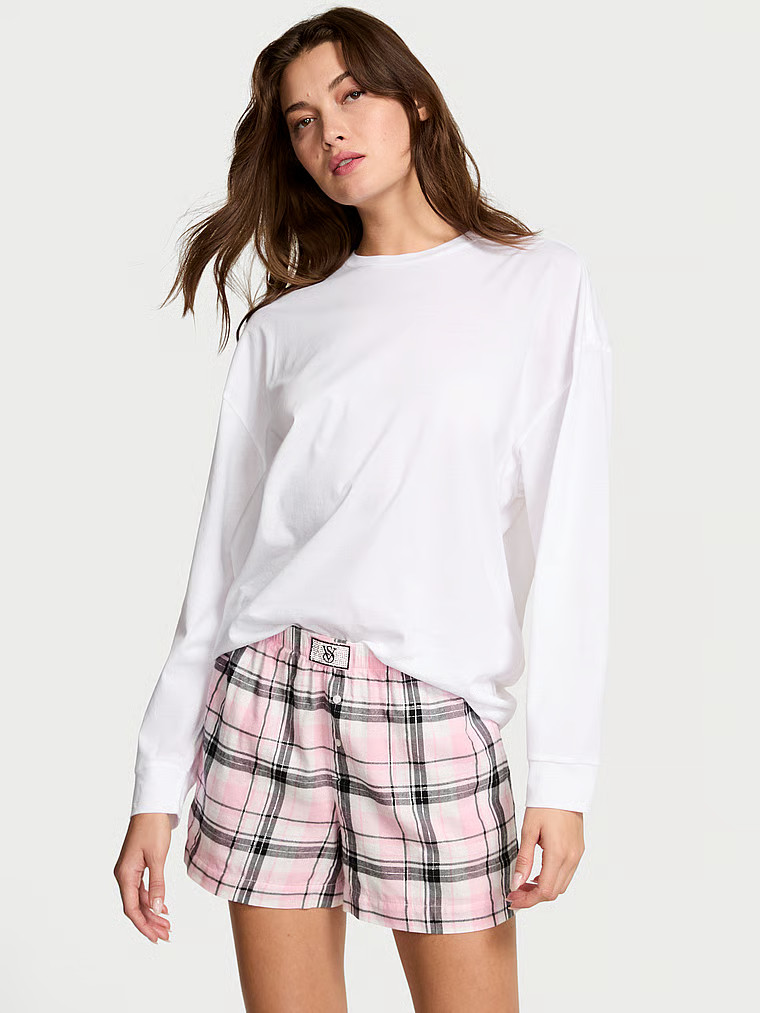 Buy Flannel Long-Sleeve Short Tee-Jama Set, Coconut White/Black Gold Lurex Stripe Yd - Order Paja... | Victoria's Secret (US / CA )