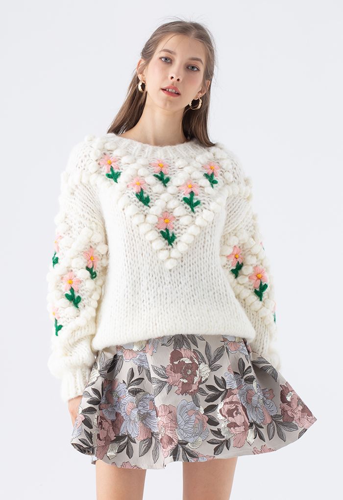 Stitch Floral Diamond Pom-Pom Hand Knit Sweater in White | Chicwish