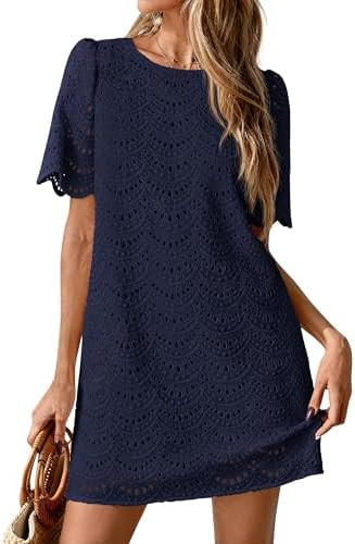 PRETTYGARDEN Women's Summer Eyelet Lace Short Dress | Hollow Out Embroidered, Short Sleeve Crewne... | Amazon (US)