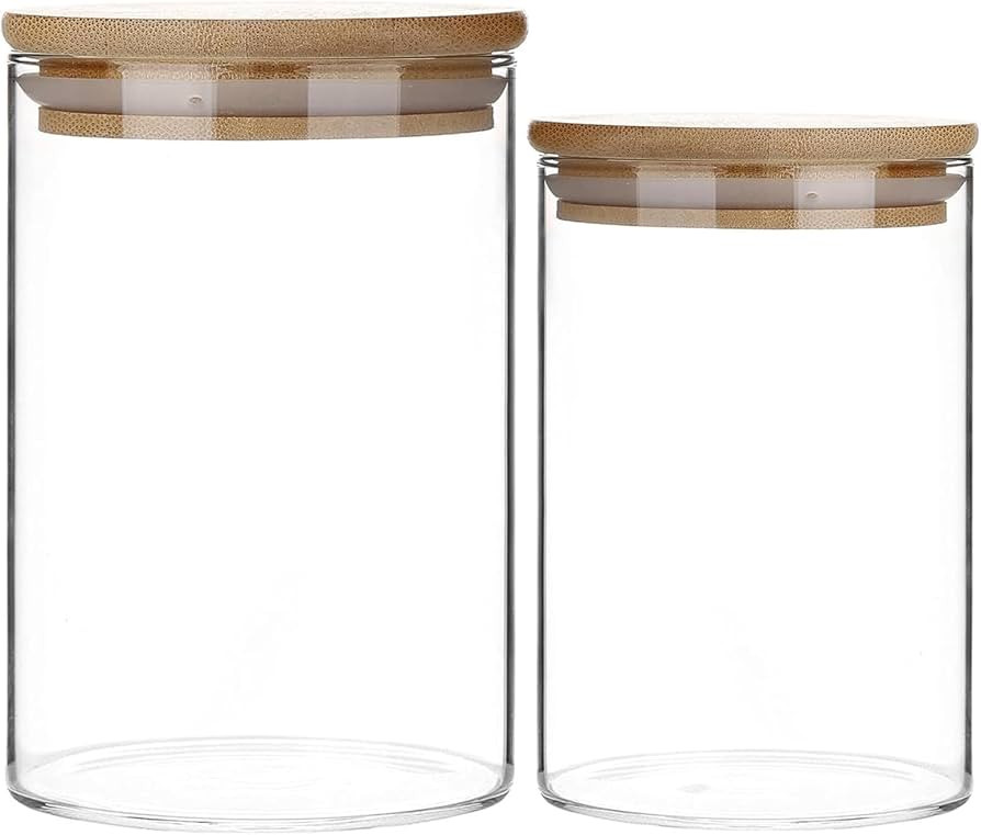 Set of 2 Clear Glass Food Storage Jars with Airtight Bamboo Lids, Glass Food Storage Containers f... | Amazon (US)