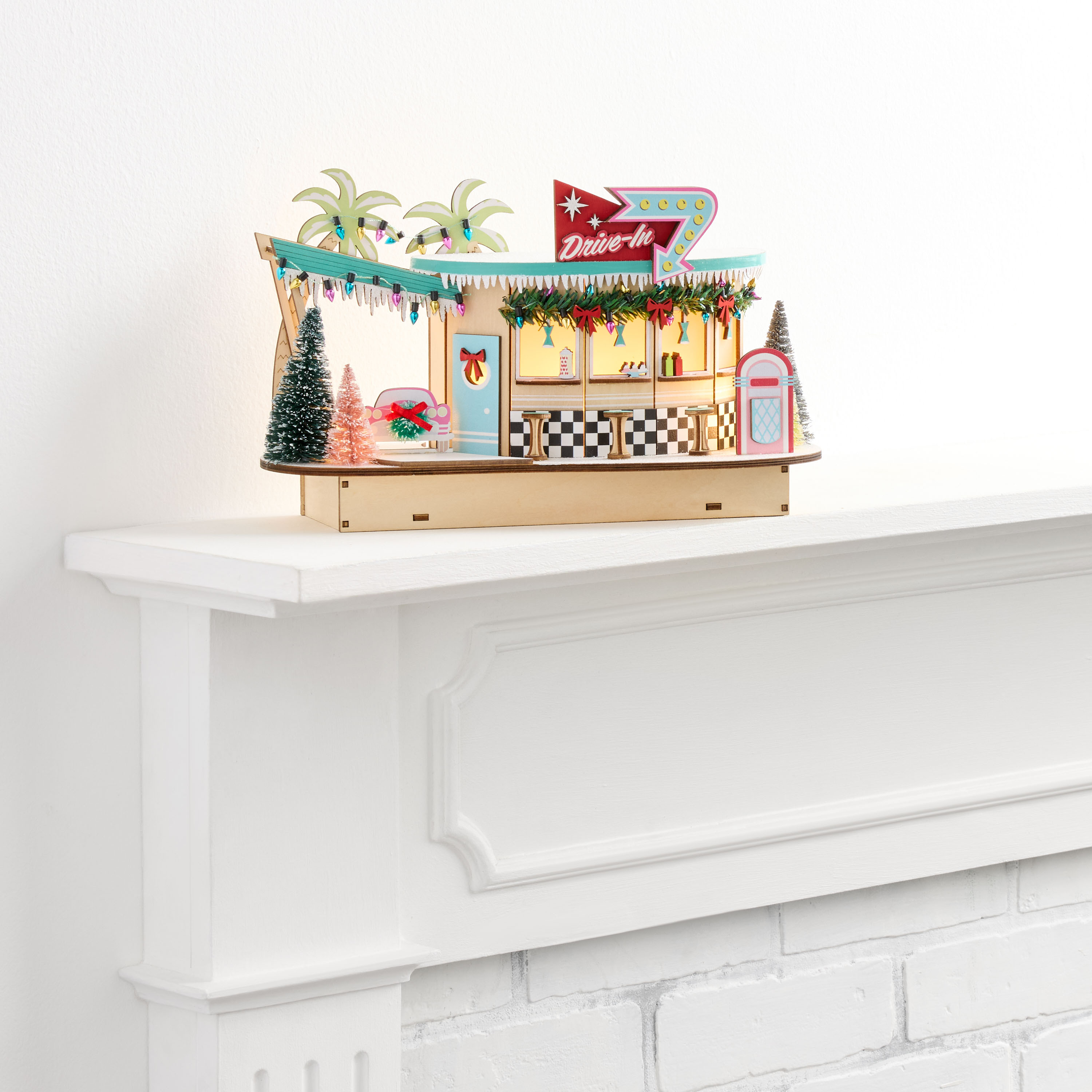 Laser Cut Wood Mid Century Drive In LED Light Up Decor | World Market
