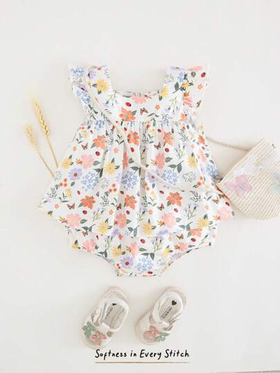 Cozy Pixies Baby Girl Floral Print Square Neck Ruffled Top And Bloomer Shorts 2 Pieces Summer Clo... | SHEIN