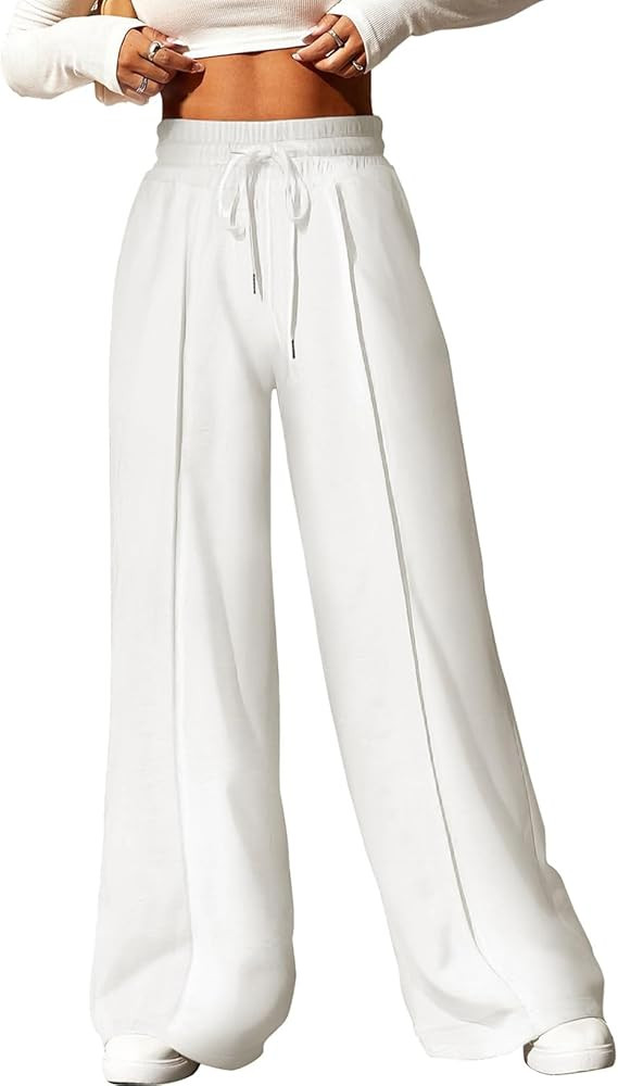 Aleumdr Women's High Waisted Drawstring Waist Wide Leg Sweatpants with Pockets Casual Loose Yoga ... | Amazon (US)
