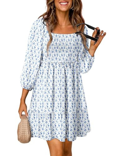 Dokotoo Wedding Guest Dresses for Women Boho Floral Long Sleeve Square Neck Smocked Ruffle Casual Elegant Chiffon A-Line Swing Mini Babydoll Western Dress Party Vacation Summer Dress Sky Blue Medium | Amazon (US)