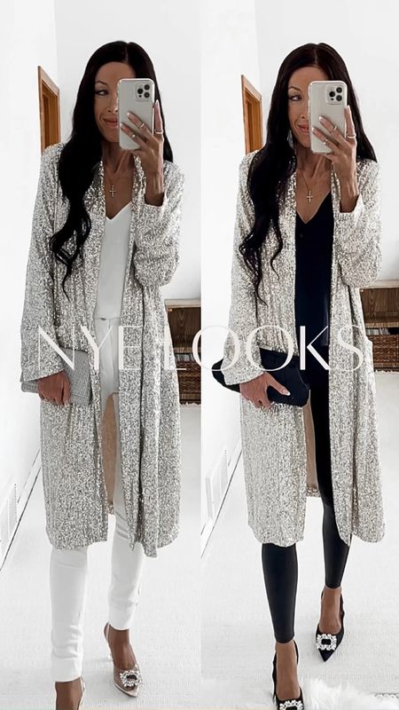 NYE looks
Sequin duster 2 ways
This sequin duster is perfect for any holiday party! Really great quality and so sparkly!! Wearing a small.

#nyeoutfit #nyeoutfits #nyelooks #nye #nyepartyoutfit #nyepartyoutfits #newyearseveoutfit #newyearseveoutfits #newyearsevelooks 
#holidayoutfit #holidayoutfits #holidaylooks #sequinduster #blackheels #clutch #holidayparty 
#sequinduster #sequin #whitejeans #camisole #satincami #rhinestoneembellishedheels #clearheels


#LTKVideo 

#LTKparties #LTKHoliday #LTKstyletip