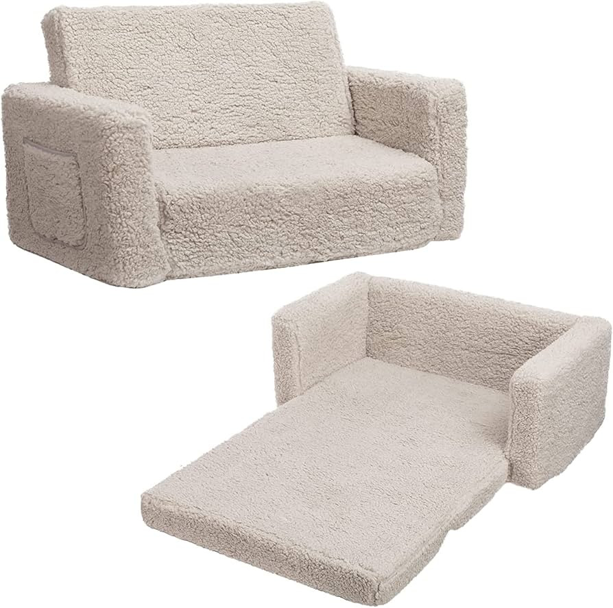 ALIMORDEN 2-in-1 Flip Out Extra Wide Cuddly Sherpa Toddler Couch, Convertible Sofa to Lounger, Cr... | Amazon (US)