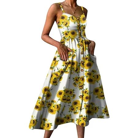 MIARHB Women Sunflowers Dress Low-Cut Sleeveless Loose Tank High Irregular Hem Pleated | Walmart (US)