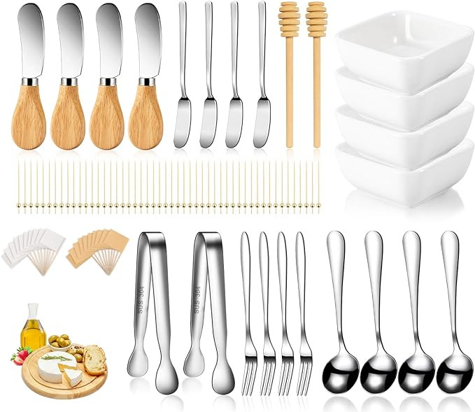 Charcuterie Board Accessories With 3 Oz Ceramic Dip Bowls, Wooden Handle Silver Cheese Spreader B... | Amazon (US)