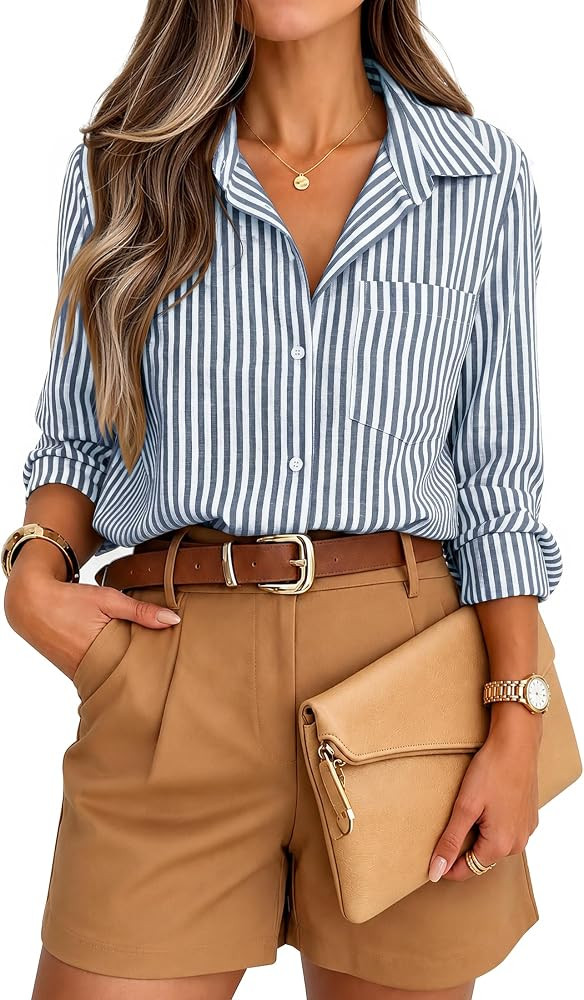 ZESICA Women Long Sleeve Striped Business Casual Button Shirts | Amazon (US)