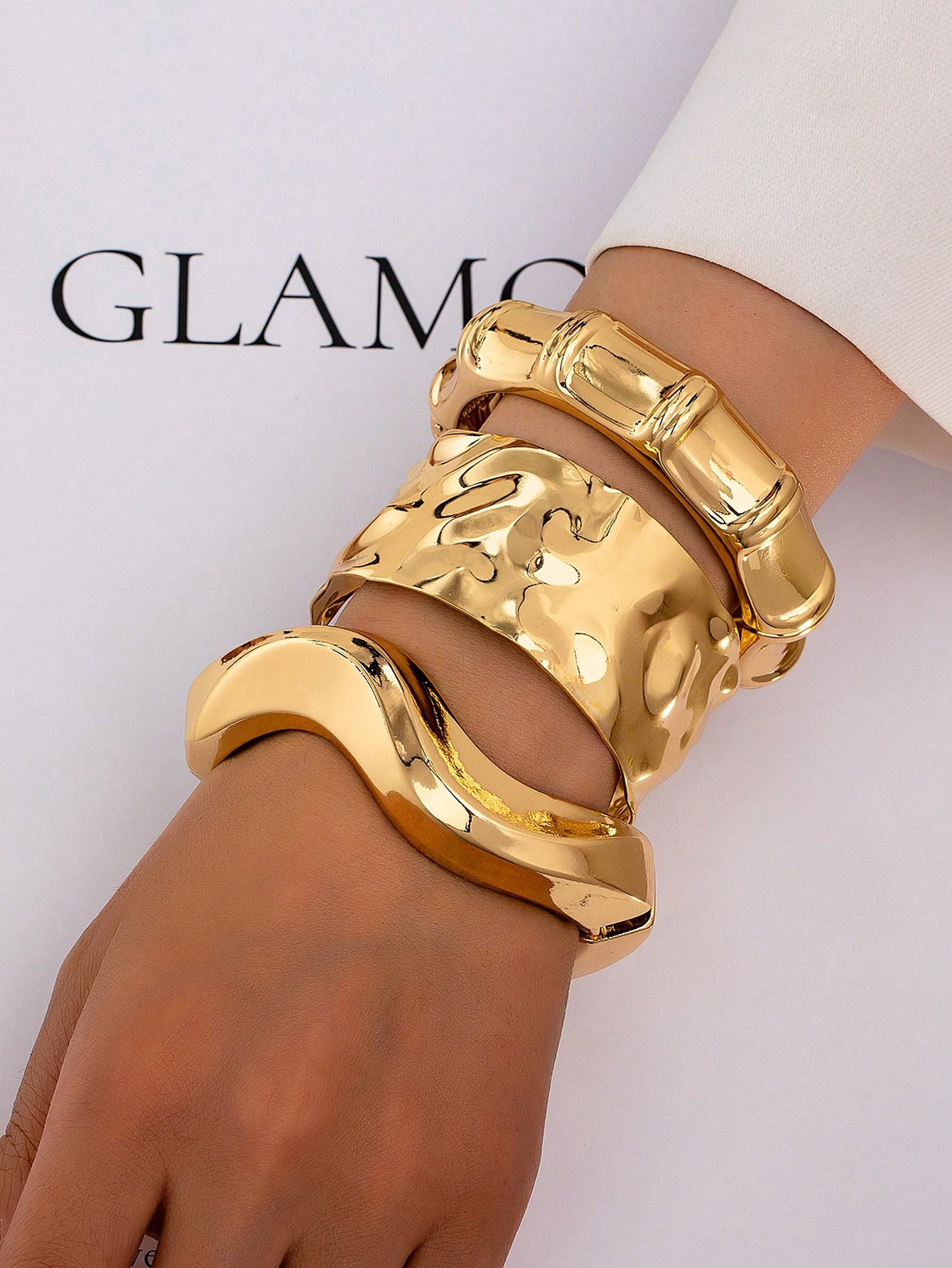 3pcs/1set Fashion Minimalist Golden Geometric Wave Bamboo Knot Asymmetrical Bracelet Set, Suitable For Women, Thick Plain Metal And Zinc Alloy Material Bracelet Set | SHEIN