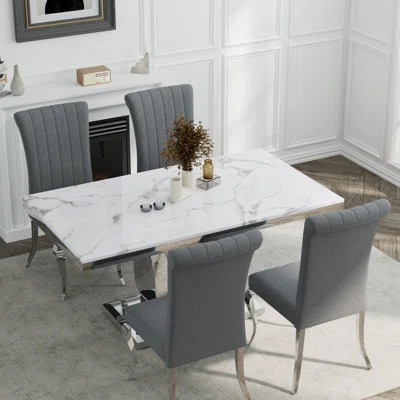 Modern Dining Table Set With Gray Boucle And Silver Dining Chairs | Wayfair North America