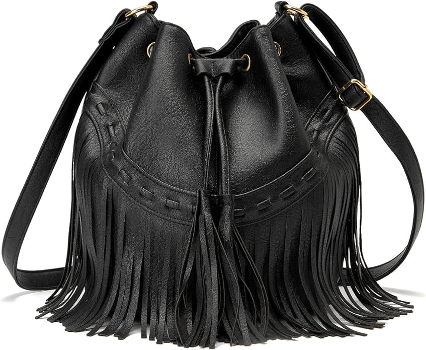 Leather Bucket Bags for Women Crossbody Fringe Purses with Drawstring Ladies Tassel Hobo and Shou... | Amazon (US)