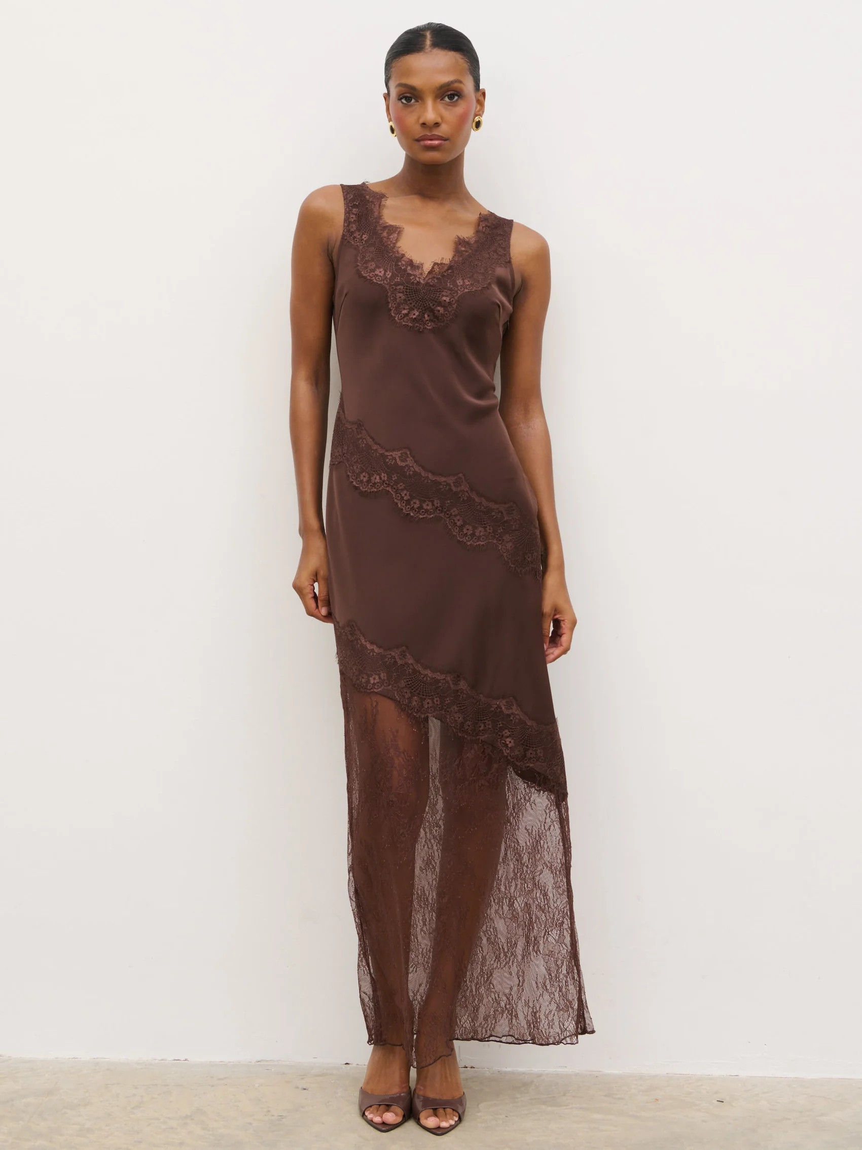 Robin Slip Lace Maxi Dress - Chocolate Brown | Pretty Lavish (UK)