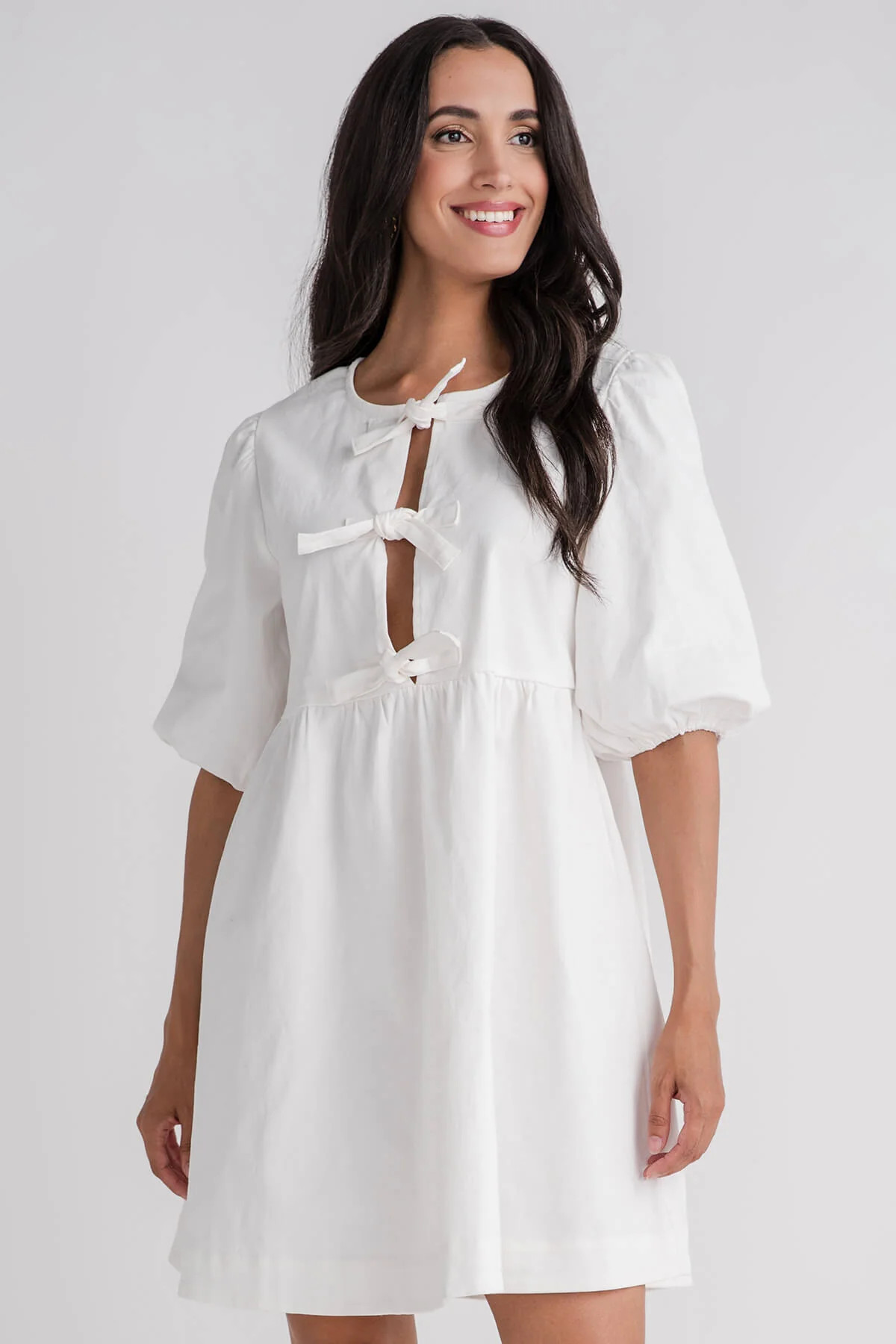 Aaron &amp; Amber Babydoll Ribbon Tie Denim Mini Dress | Social Threads
