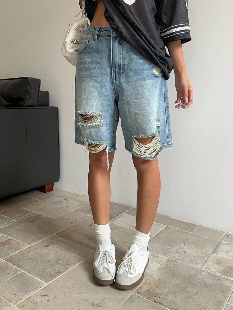 SHEIN ICON Women's Denim Bermuda Shorts, Casual Distressed Cargo Bermuda Shorts, Blue, Summer Clothes, Spring For Women, Beach For Woman ,Brunch For Women ,Cowgirl For Women Y2k Clothes Women | SHEIN