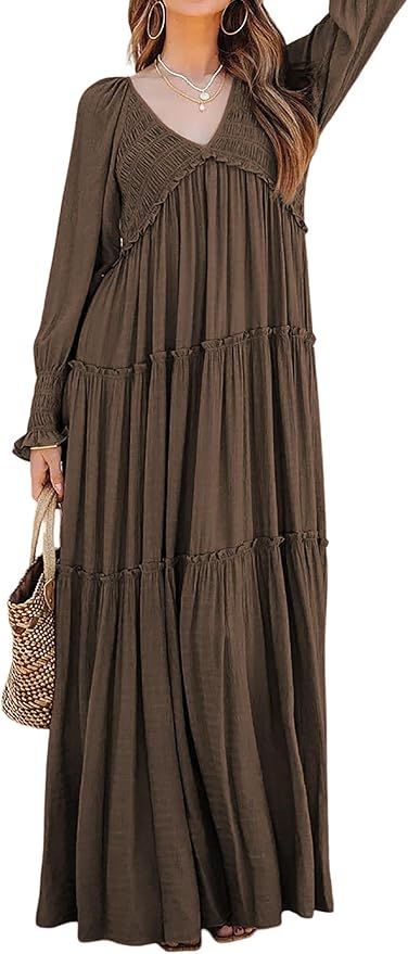 R.Vivimos Maxi Dress for Women Long Sleeve V Neck Empire Waist Layered Ruffle Boho Casual Flowy L... | Amazon (US)