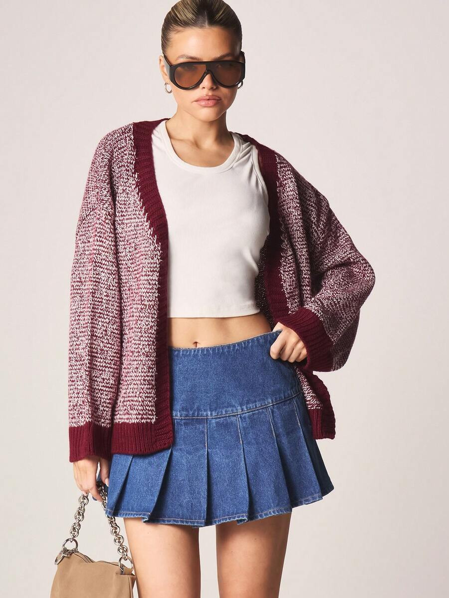 MISSGUIDED Two Tone Marled Knit Open Front Loose Fit Cardigan With Ribbed Trim Fall Winter Cozy L... | SHEIN