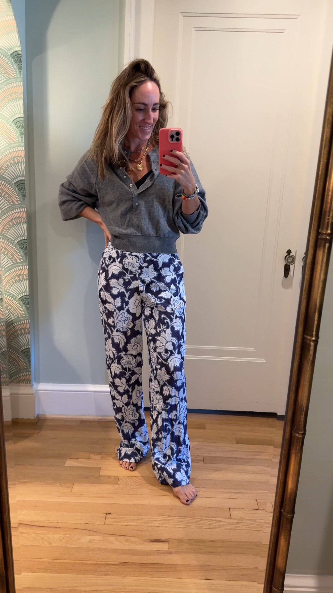 Easy fall outfit | fall clothes don’t need to be boring! My favorite cashmere button up sweater from free people, Zara pants, and Erin McDermott jewelry! | cashmere sweater | button up sweater | grey sweater 

#LTKSeasonal #LTKStyleTip