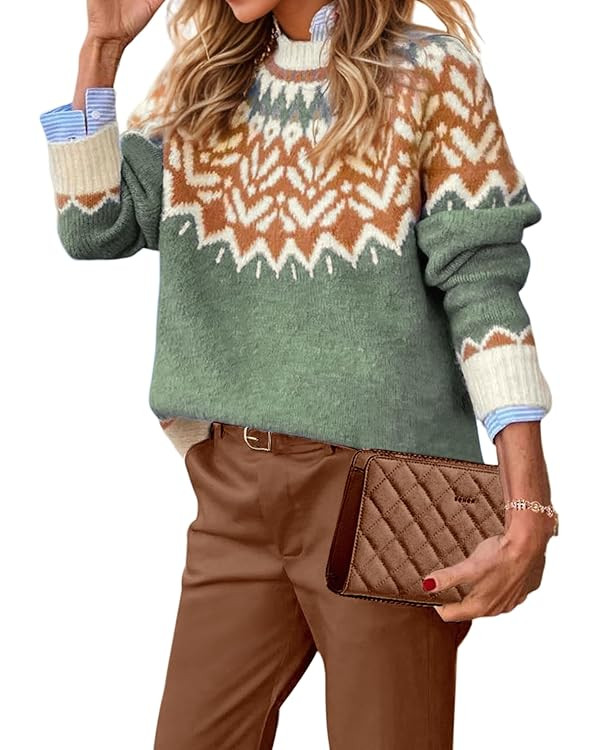 EARKOHA Women's Casual Mock Neck Ribbed Sweater Pullover 2025 Fall Long Sleeve Print Fair Isle Sw... | Amazon (US)