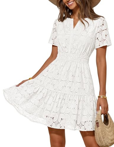MEROKEETY Women's Spring Summer Lace Boho Dress 2026 Short Sleeve Eyelet Floral Ruffle A Line Vacation Beach Mini Dresses, White, Small | Amazon (US)