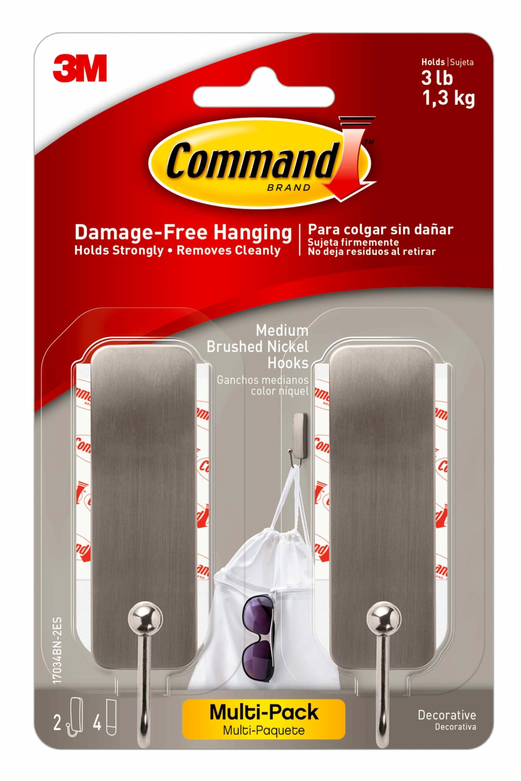 Command Medium Brushed Nickel Wall Hooks, 2 Coat Hooks and 4 Command Strips, Damage-Free Hanging ... | Amazon (US)