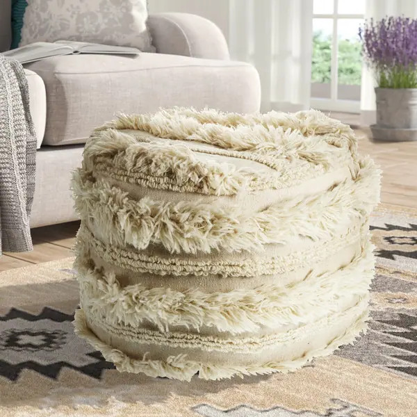 LR Home Fluffy Shaggy Faux Ivory Pouf Ottoman - Overstock - 26399841 | Bed Bath & Beyond