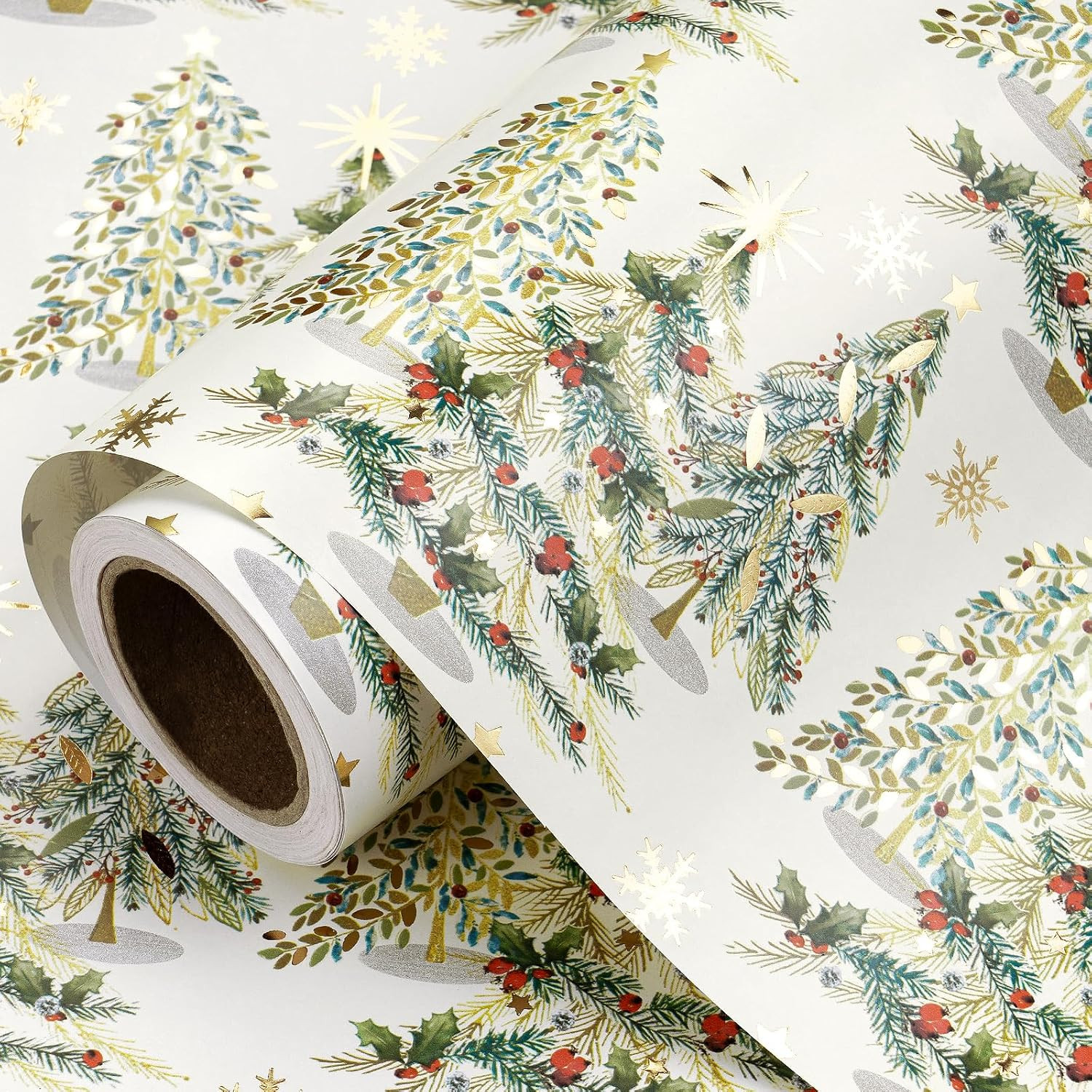RUSEPEA Luxury Christmas Tree Wrapping Paper Roll, Mini Roll, Elegant Gold Foil Xmas Tree Gift Wrap Paper for Holiday Gifts, Party, DIY Crafts (17in x 16.4ft) | Amazon (US)