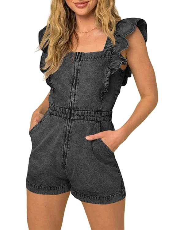 PLNOTME Women's Cute Denim Rompers Cotton Ruffle Cap Sleeve Square Neck Zip Up Jeans Short Jumpsu... | Amazon (US)