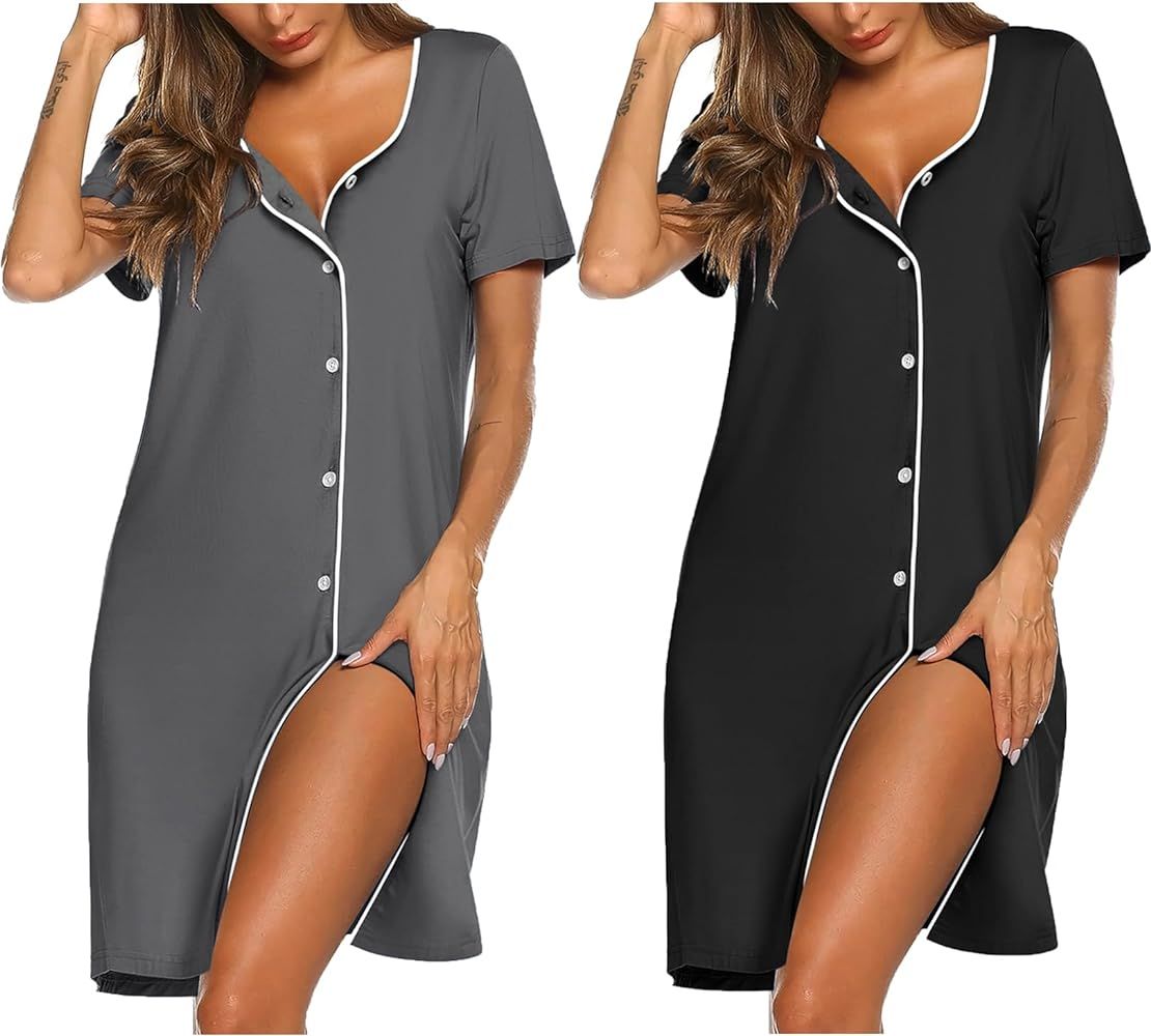 Ekouaer Nightgowns for Women 2 Pack Button Down Sleepshirt Short Sleeve Nightshirt Soft Sleepwear... | Amazon (US)