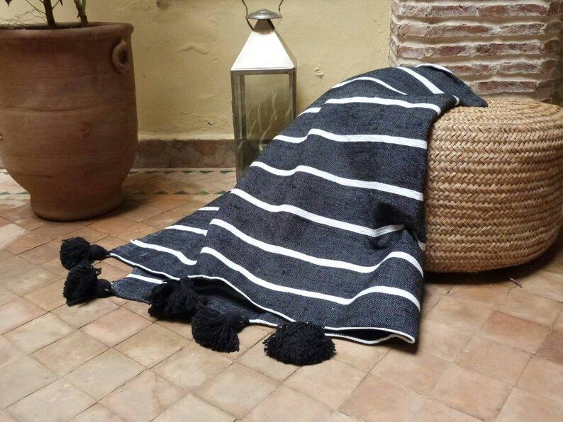 Black white Moroccan pompom blankets, tassel throw blankets, striped blankets,cover bed, cotton b... | Etsy (UK)