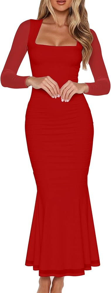 BORIFLORS Women's Ruched Bodycon Long Sleeve Maxi Dress Mesh Square Neck Cocktail Party Long Dres... | Amazon (US)
