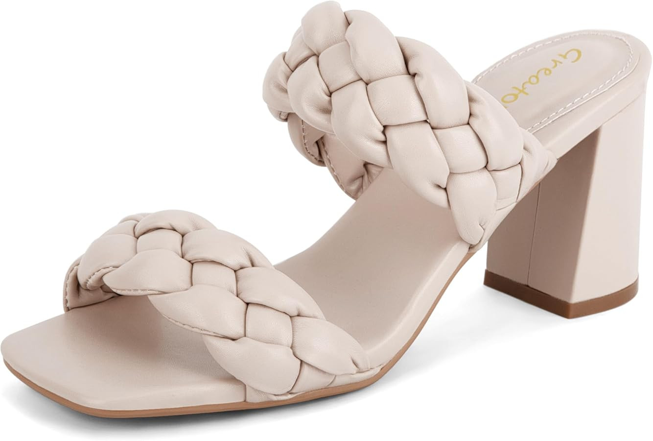 Greatonu Women's Braided Heeled Sandals Square Open Toe Summer Heels Slip On Dressy Sandals with ... | Amazon (US)