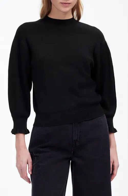 Madewell Ruffle Mockneck Merino Wool Blend Sweater in True Black at Nordstrom, Size Xx-Small | Nordstrom