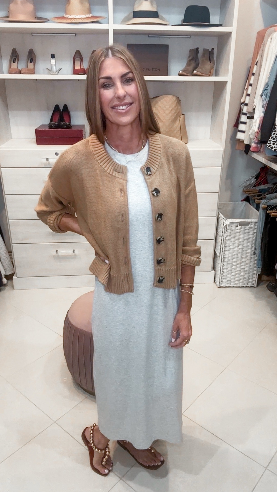 Love pairing a cardigan with this dress for an elevated look. I’m in a XS in the cardigan and small in the dress. Sandals are TTS and gorgeous!!! 

#LTKootd #LTKOver40 #LTKWorkwear