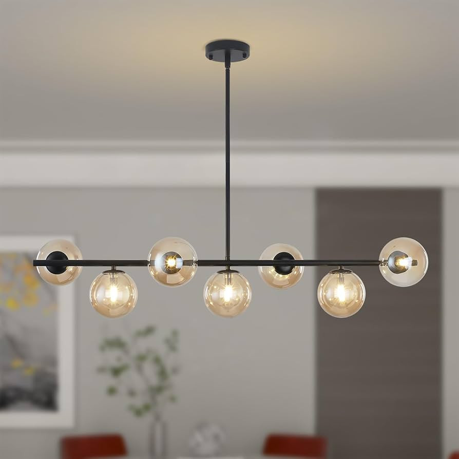 Mid Century Modern Linear Chandelier, 7-Light Black Pendant Light with Amber Glass Globes, Adjust... | Amazon (US)