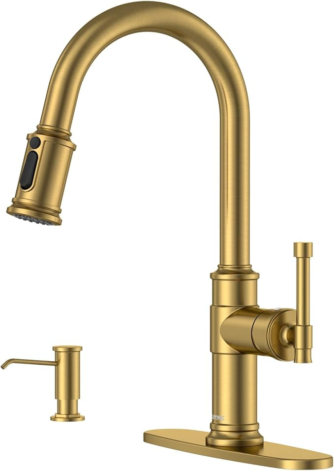 DAYONE Brushed Gold/Brass Pull Down Kitchen Faucet with 3-Mode Sprayer and Soap Dispenser, Single... | Amazon (US)