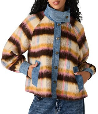 Kaylen Wool Blend Plaid Collared Long Sleeve Mixed Media Jacket | Dillard's