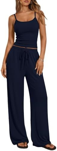 Trendy Queen Women's 2 Piece Lounge Set Spring Outfits - Camisole Top & Wide Leg Pants | Amazon (US)