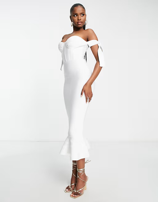Rare London off shoulder bandage midi dress in white | ASOS (Global)