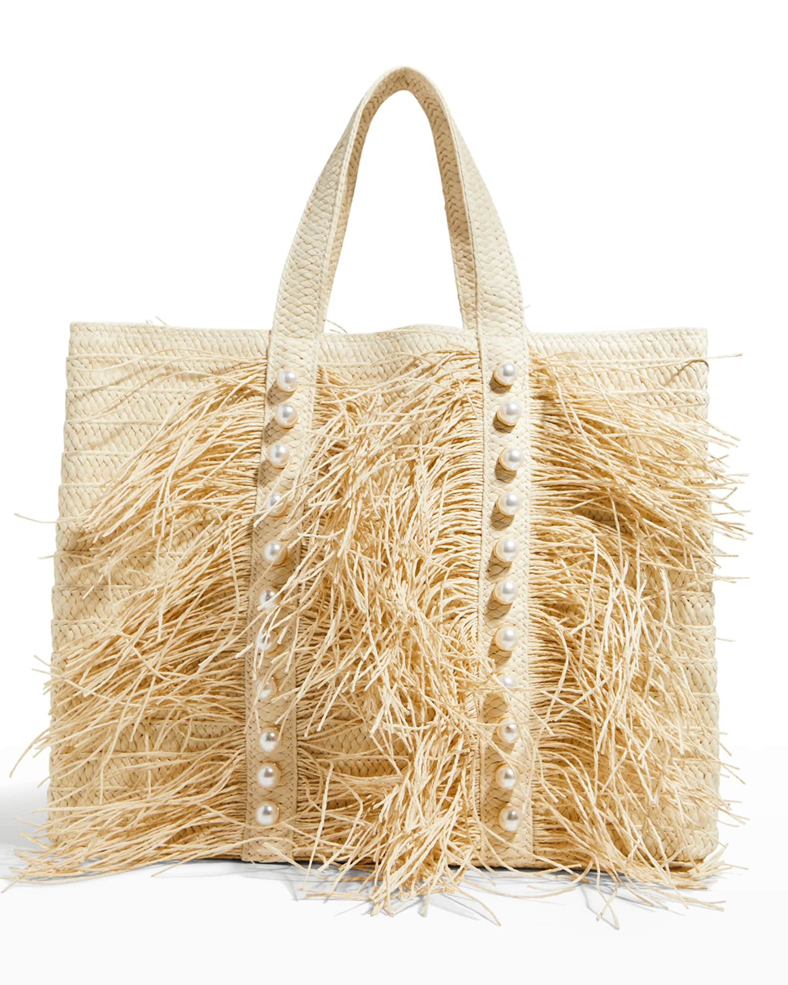 BTB Los Angeles JoJo Straw Pearl-Stud Fringe Tote Bag | Neiman Marcus