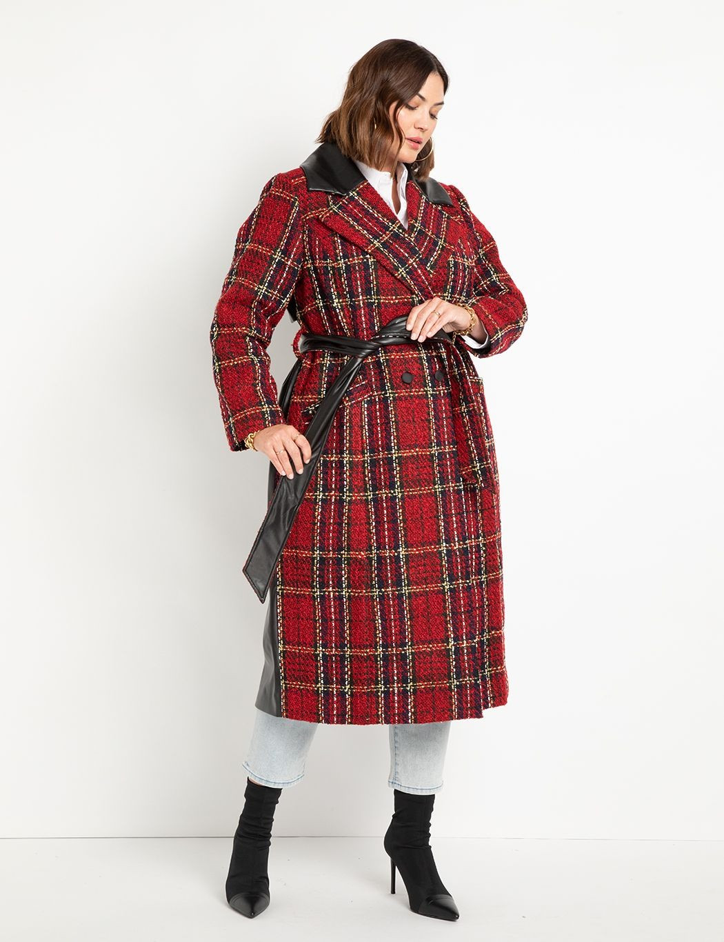 Faux Leather and Plaid Coat | Women's Plus Size Coats + Jackets | ELOQUII | Eloquii
