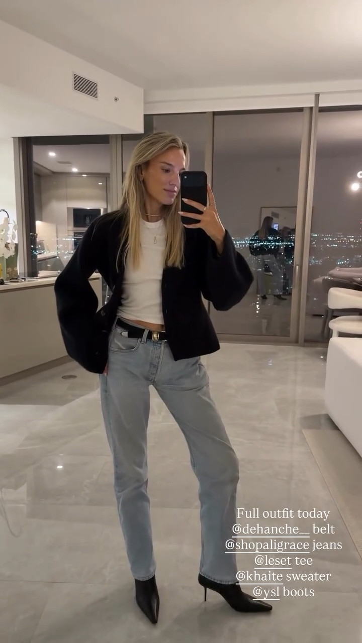 Full outfit today
@dehanche__ belt (use code LISADC at dehanche.com)
@shopaligrace jeans (use code LISA15 at shopaligrace.com)
@leset tee
@khaite sweater
@ysl boots