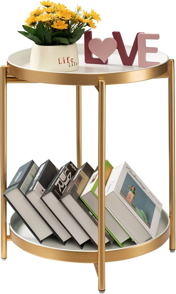 TeoKJ 2 Tier Gold Side Table, Folding Round Metal End Table Small Nightstand Accent Table with Tw... | Amazon (US)