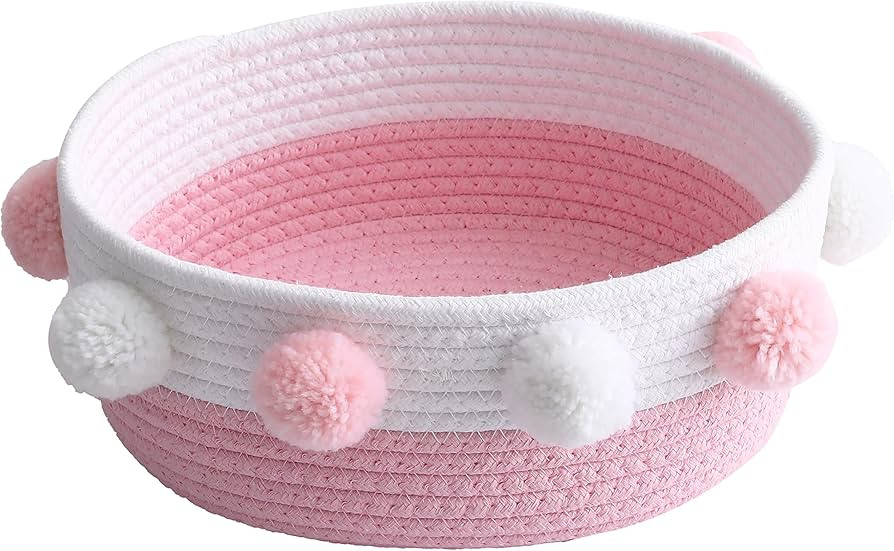 Small Pink Basket with Pom Pom, 10.6" x 9.8" x 4.3" Cute Woven Oval Decorative Basket for Baby Gi... | Amazon (US)