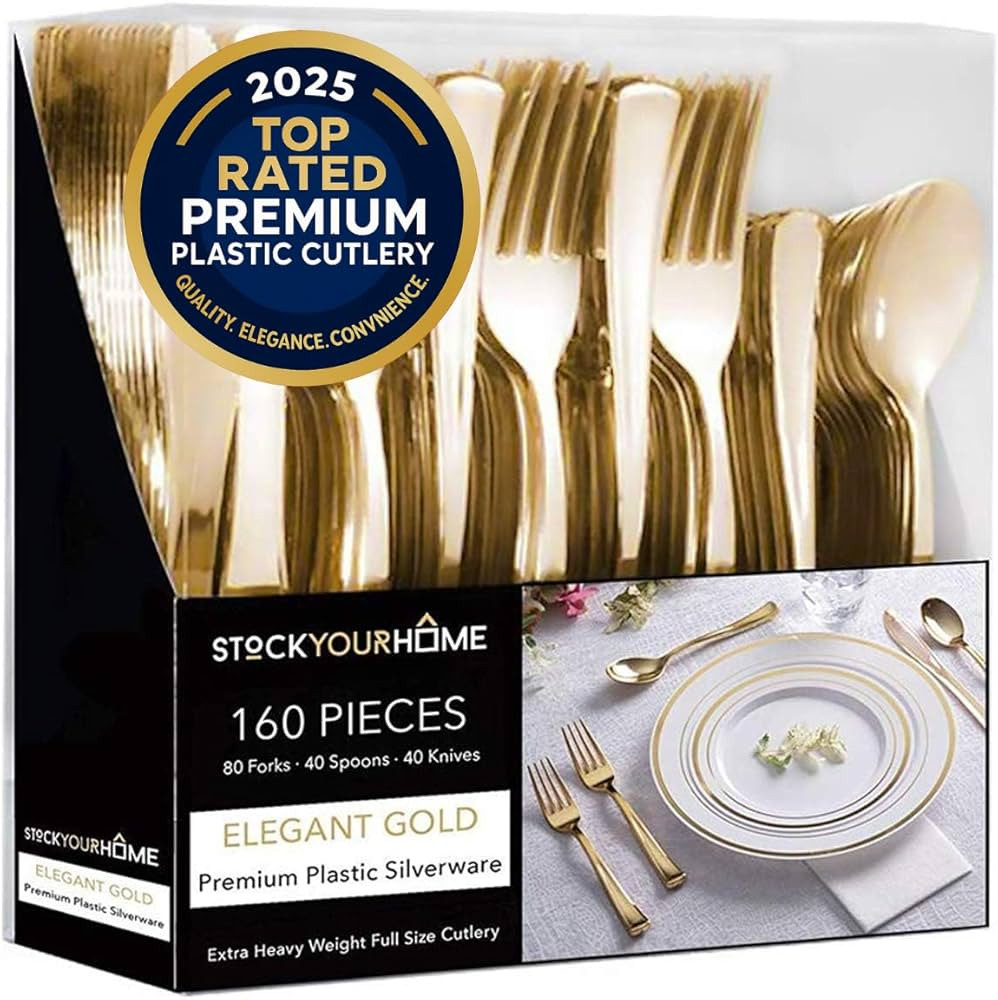 Gold Plastic Silverware Set (160 Bulk Pack) Disposable Cutlery Utensils, 80 Gold Forks, 40 Gold K... | Amazon (US)